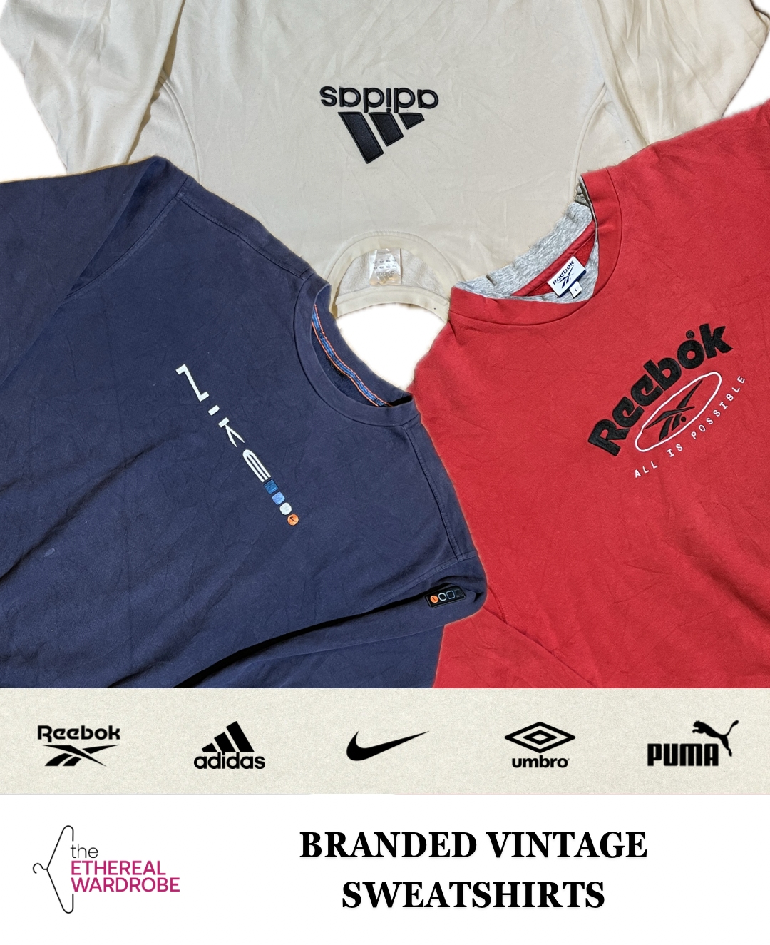 ビンテージスウェットシャツ Nike、Reebok、Adidas、Umbro およびその他のブランド..