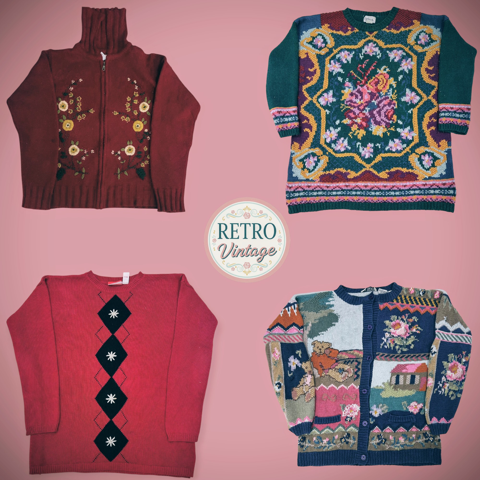 レトロフローラルジップニットセーター ヴィンテージフォークアートニットプルオーバー コテージコアスト..