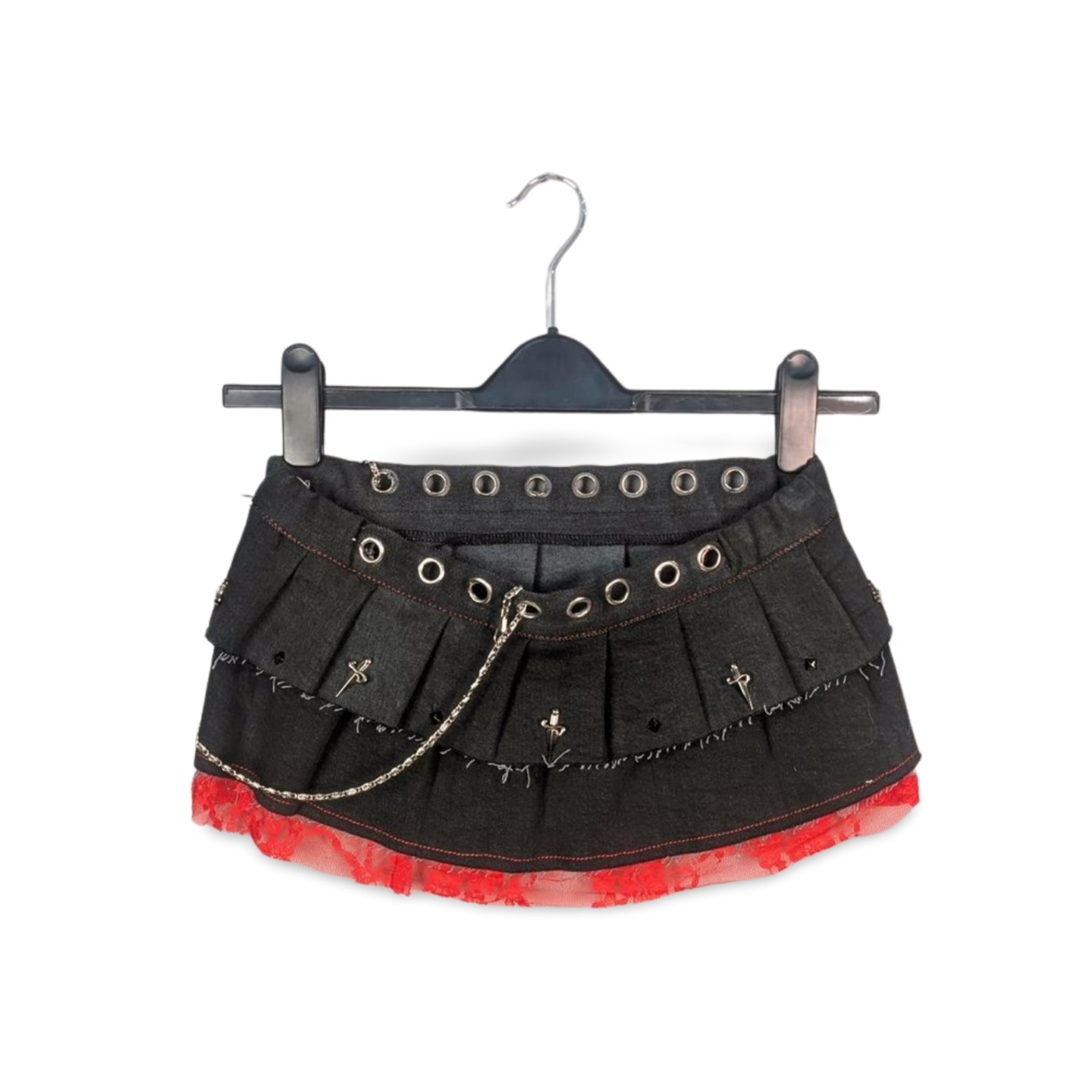 UPCYCLED DENIM MINI SKIRT WITH RED LACE