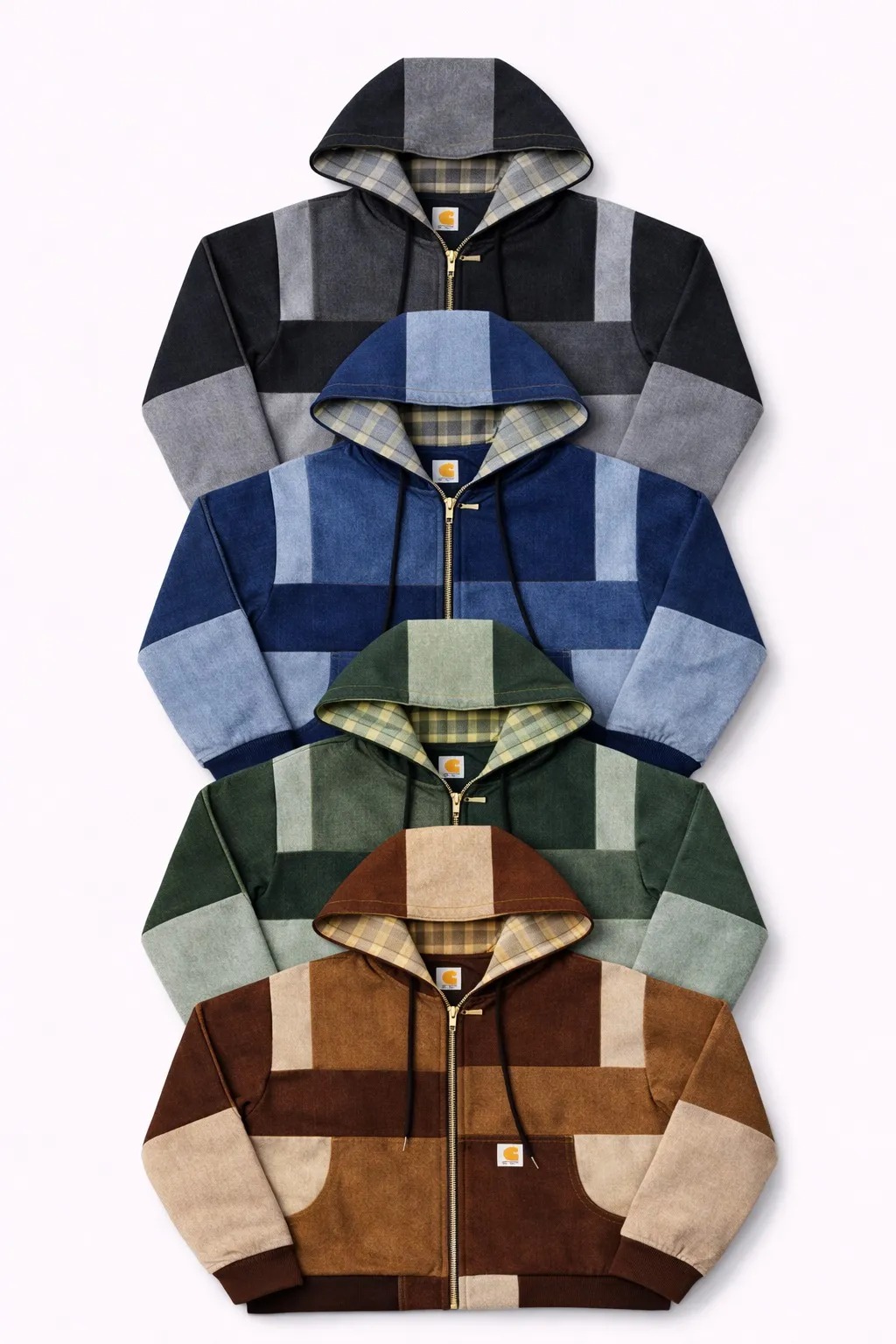 「CR1152 アップサイクル パッチワーク デニム フード付き ジップ ジャケット」