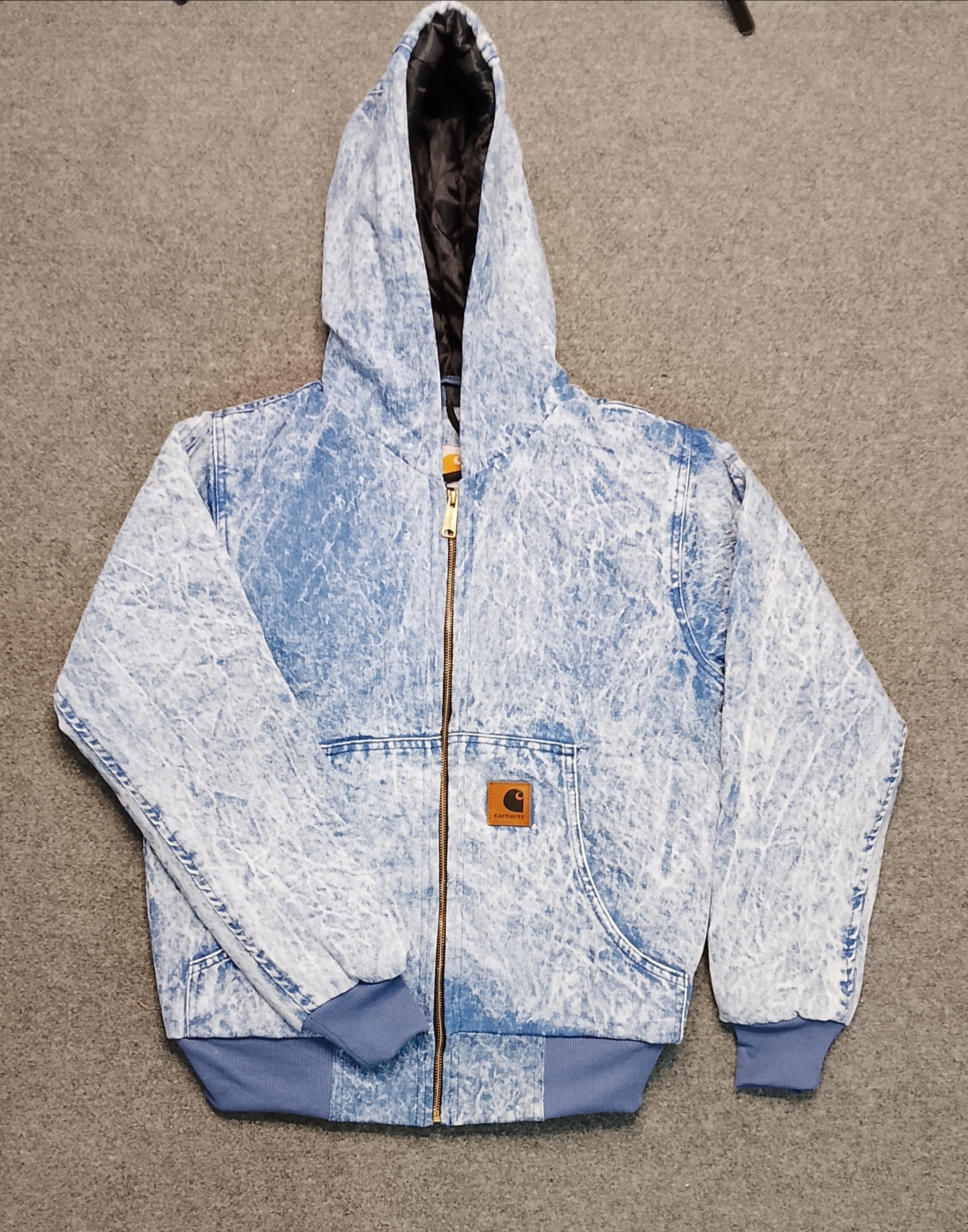 Carhartt acid wash rework style blue hooded jacket..