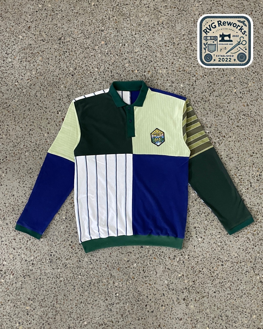 アップサイクルパッチワーク長袖ポロシャツ