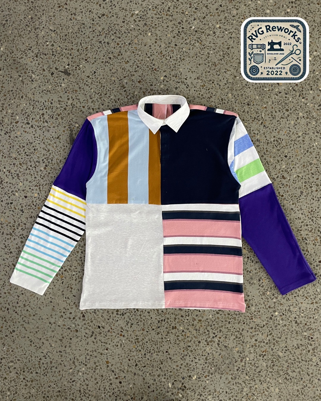 Upcycled Patchwork Long-Sleeve Polo Shirt