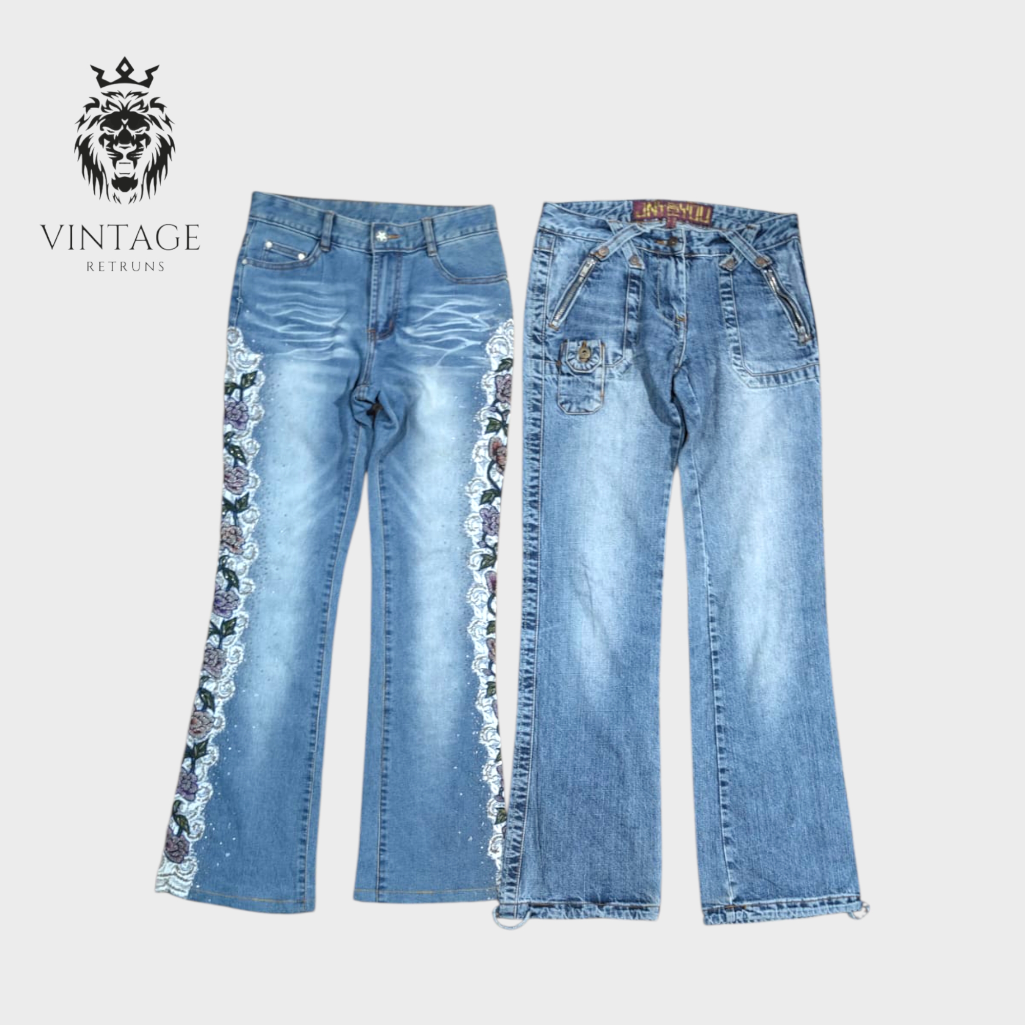 Y2K 装飾された刺繍入りフレアジーンズ