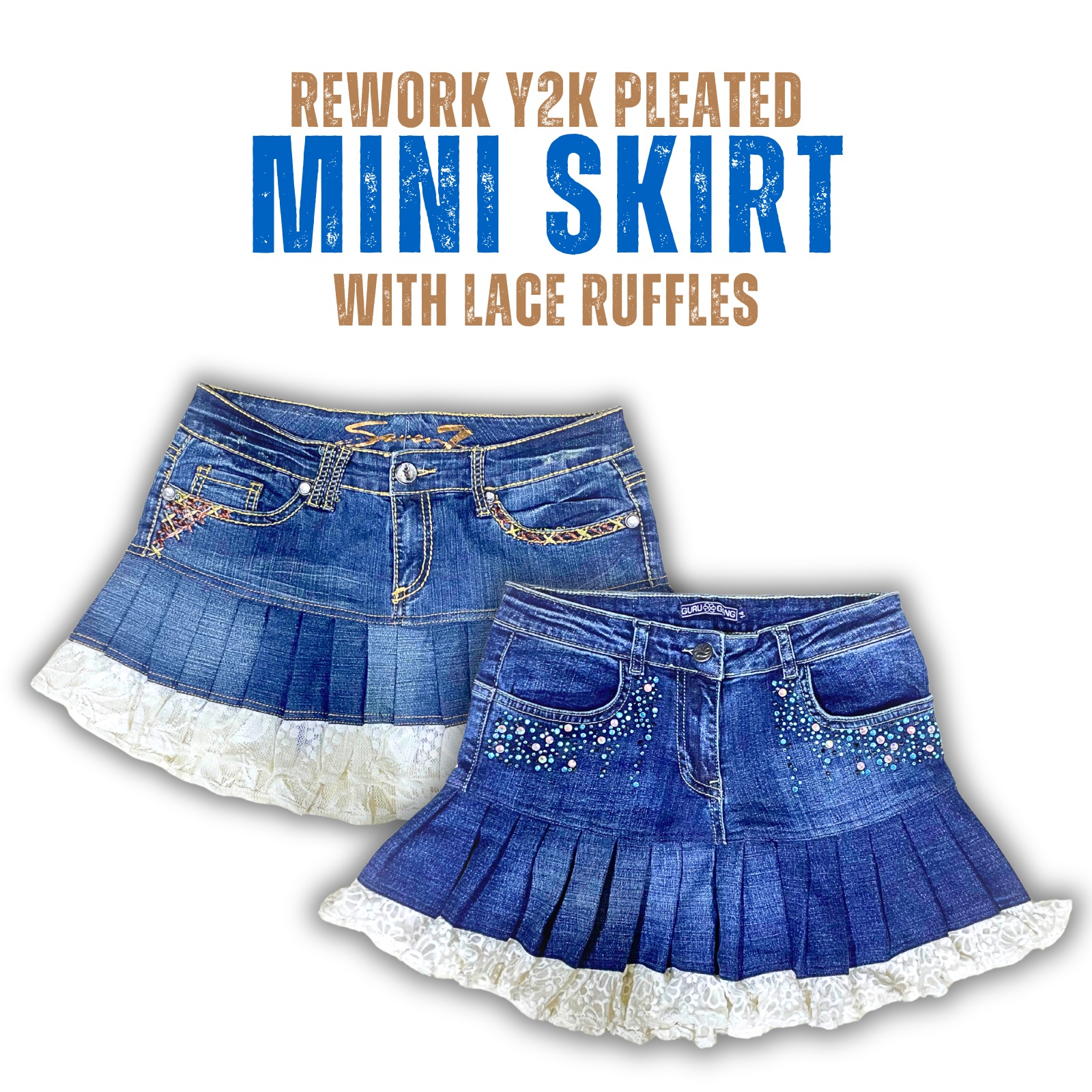 Upcycled Y2K Denim Pleated mini skirts with lace R..